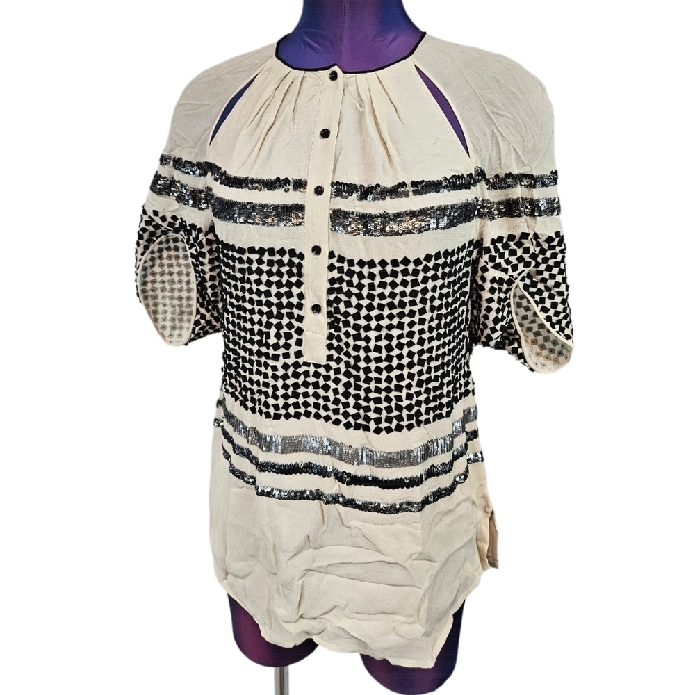 Rohit Gandhi & Rahul Khanna‎ Cream Silk Sequin Cutout Blouse Size XS Women's H20